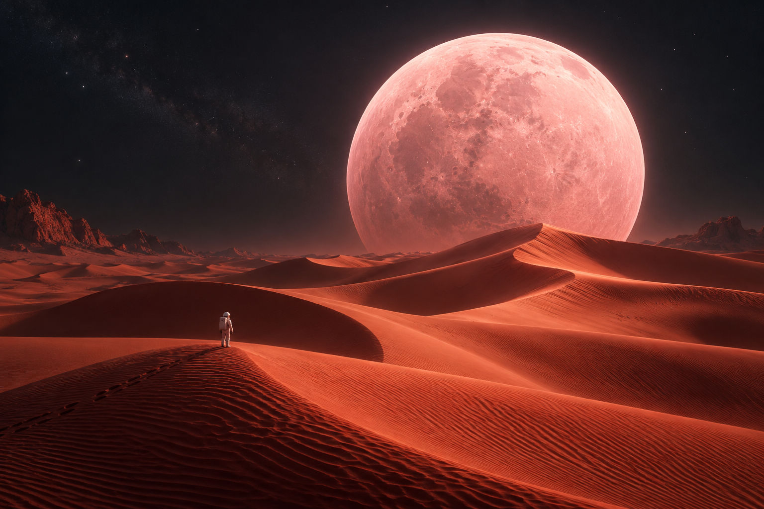 Voorbeeld van een AI-beeld: astronaut in een koraalrood landschap